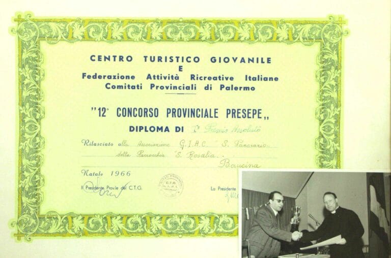 1) Primo premio ufficiale ricevuto del Presepe Meccanico di Baucina. Il premio sancisce la nascita del Presepe, ma la costruzione iniziò almeno 3 anni prima, intorno al 1963/64