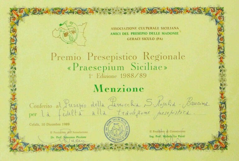 5) Menzione prestigiosa conferita al Presepe di Baucina dall'Associazione "praesepium Siciliae", una delle migliori in Italia.